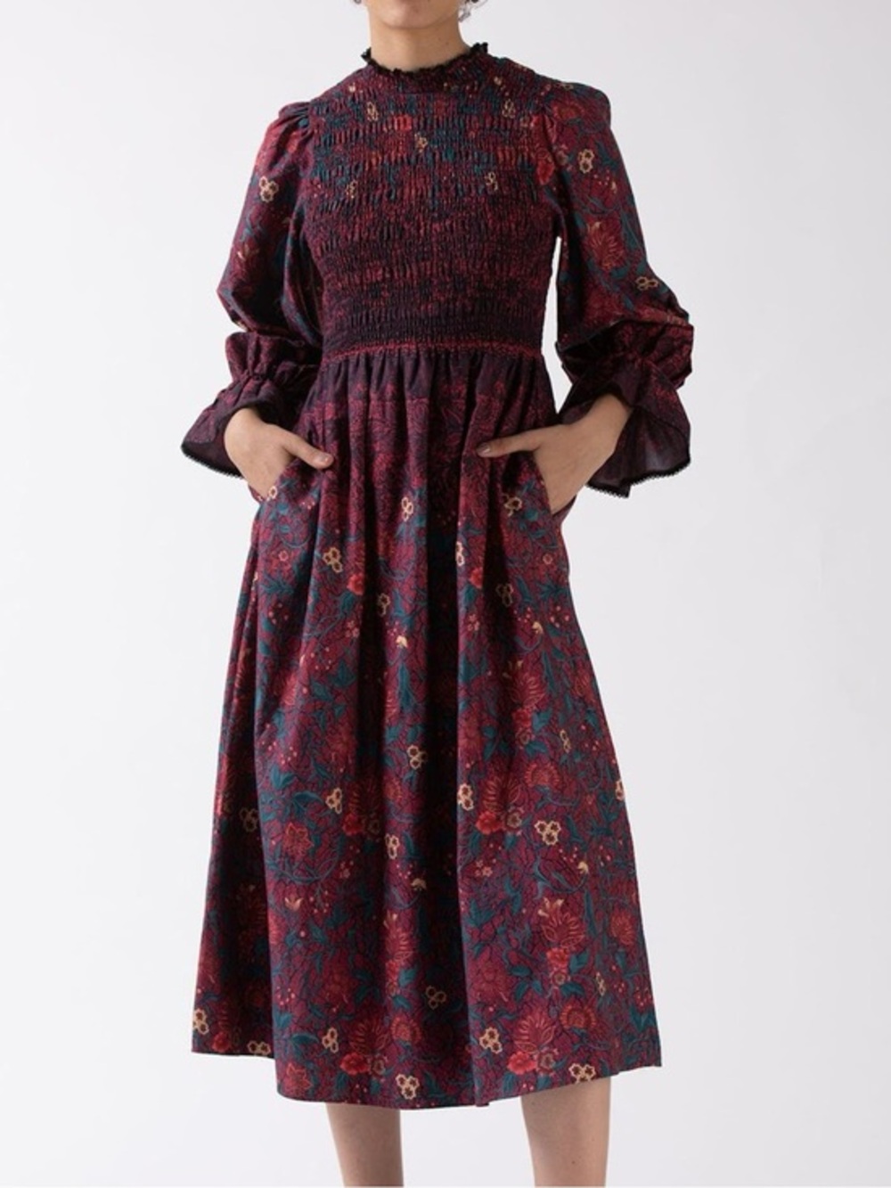 NEW CELINA MOON Aurnia Smocked Long Sleeve Midi Dress Sz: Sm